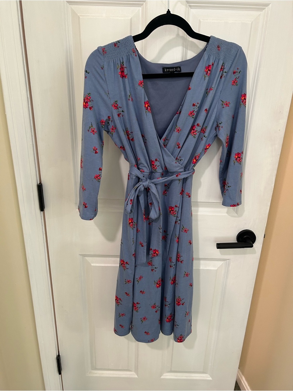 Anthro Light Blue Floral Wrap Dress with Tie Waist